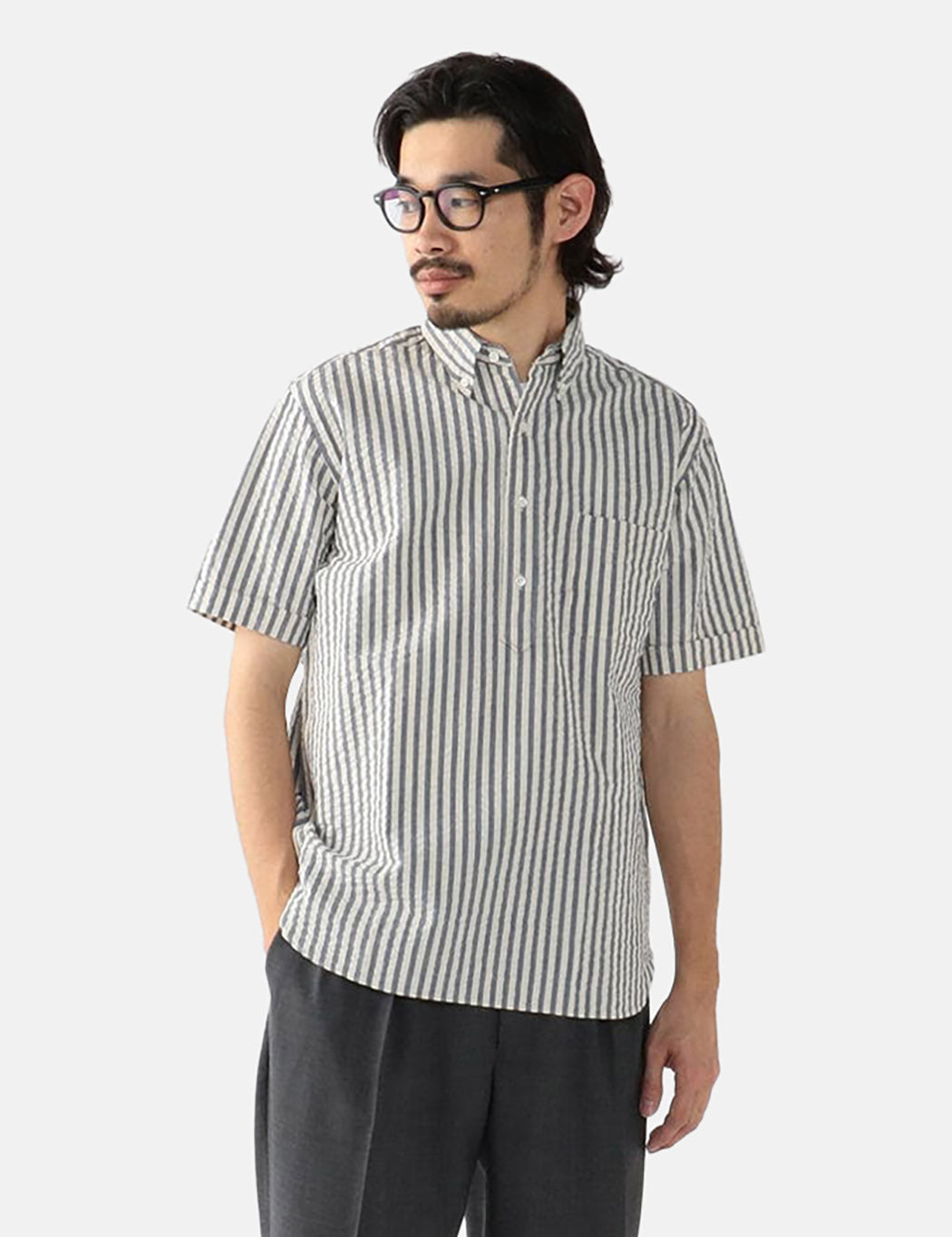 Beams Plus B.D Short Sleeve Pullover Shirt (Seersucker) - Indigo Blue — BHODE