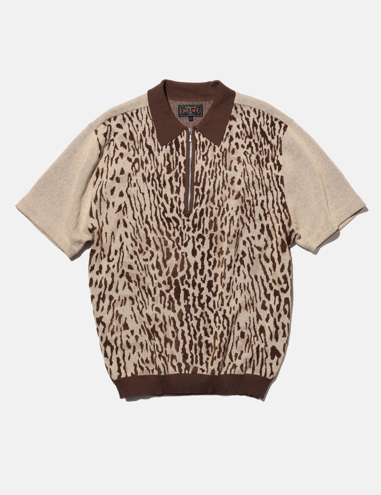 Beams Plus Half Zip Knit Polo (Giraffe Jacquard) - Beige — BHODE