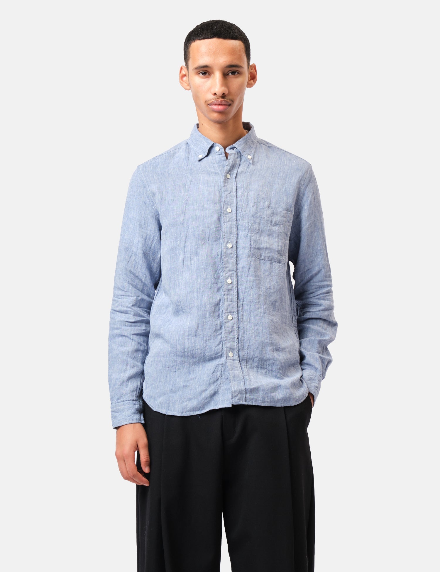 Beams Plus Button Down 1/40 Linen Chambray Shirt - Blue — BHODE