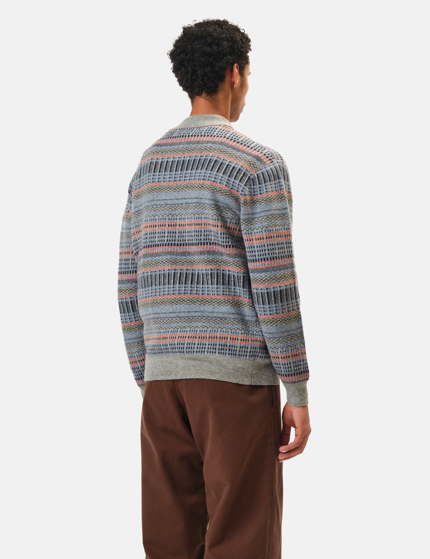 Beams Plus Half Zip Knitted Jacquard Polo - Grey