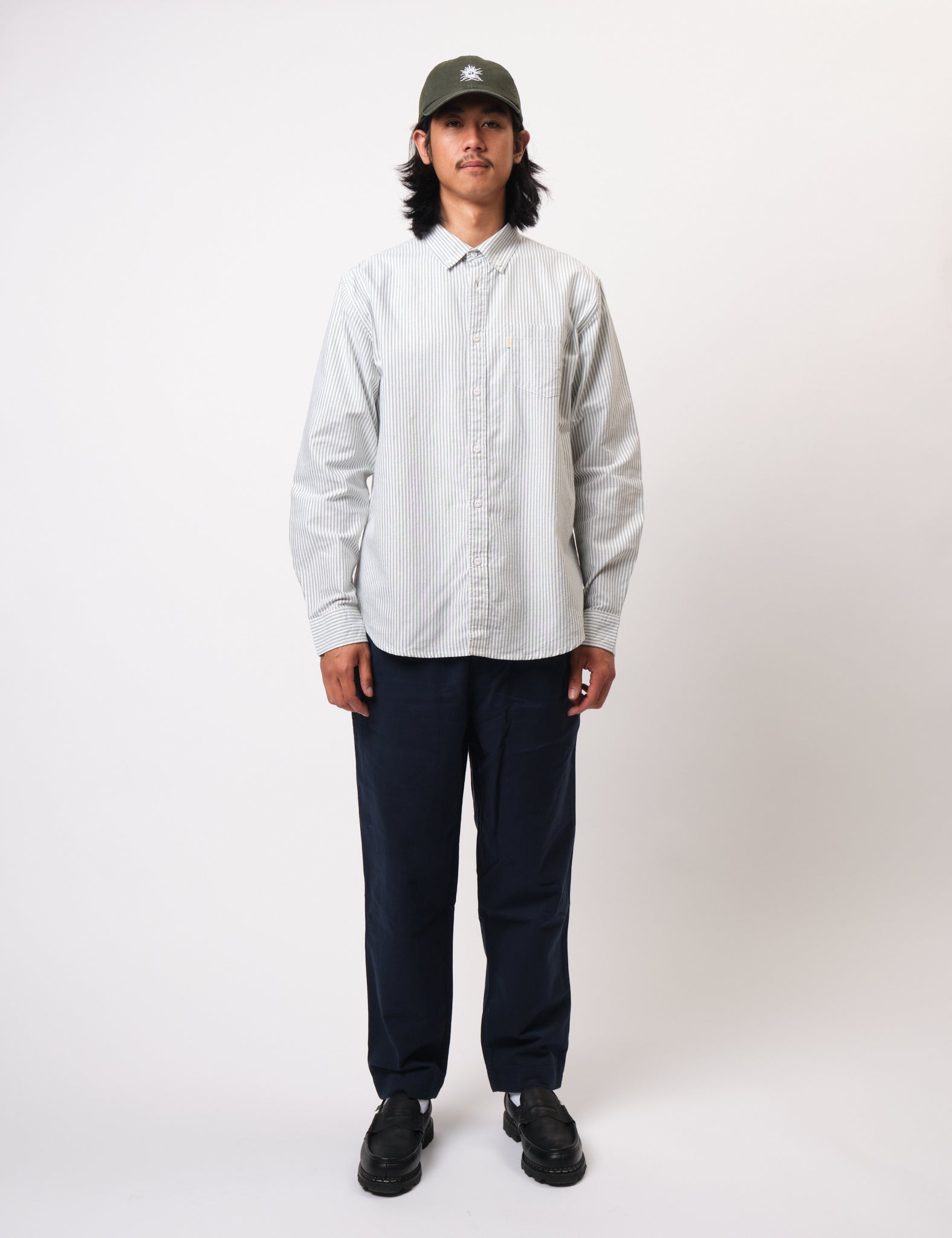 Bhode Oxford Stripe Shirt - White/Olive Green