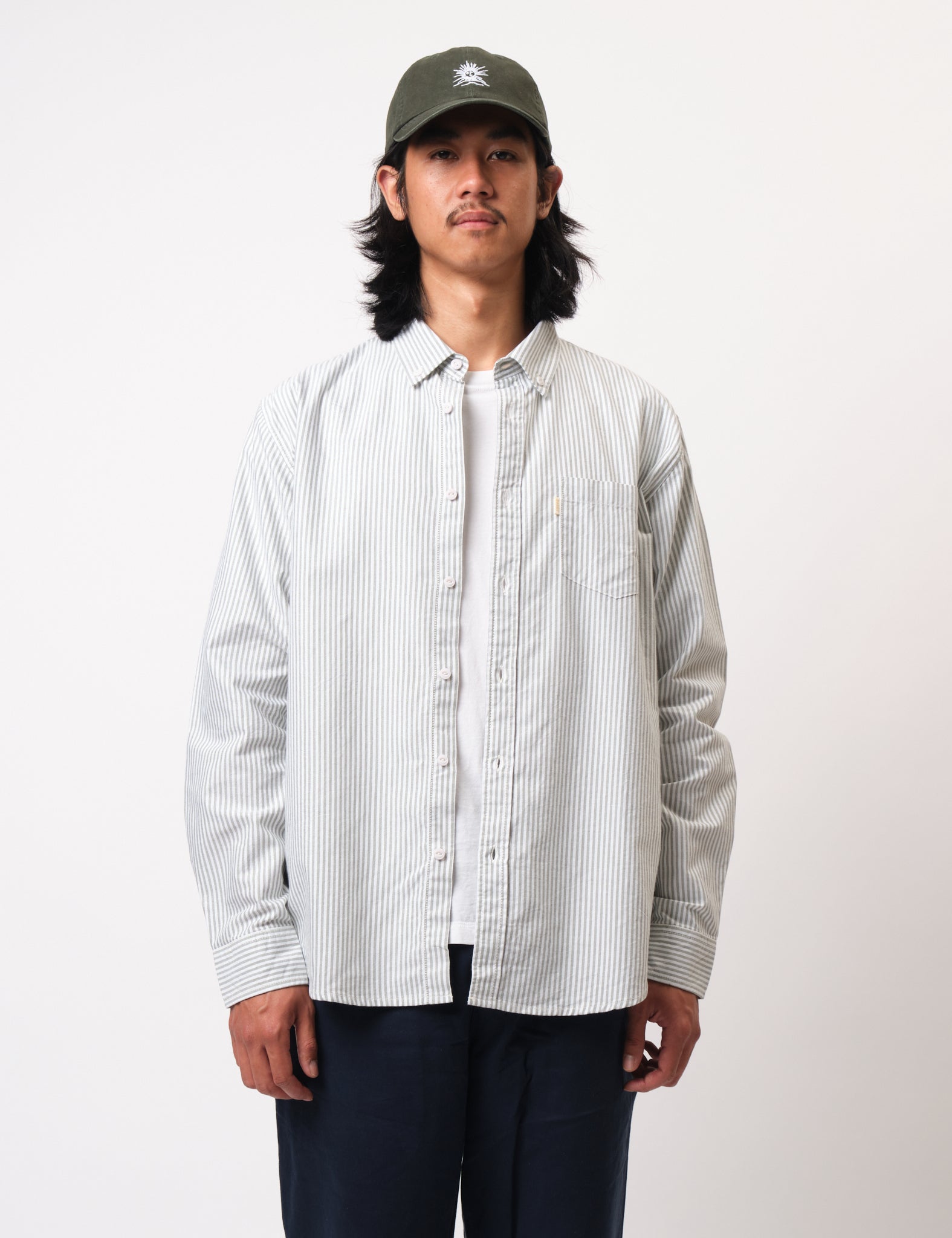 Bhode Oxford Stripe Shirt - White/Olive Green