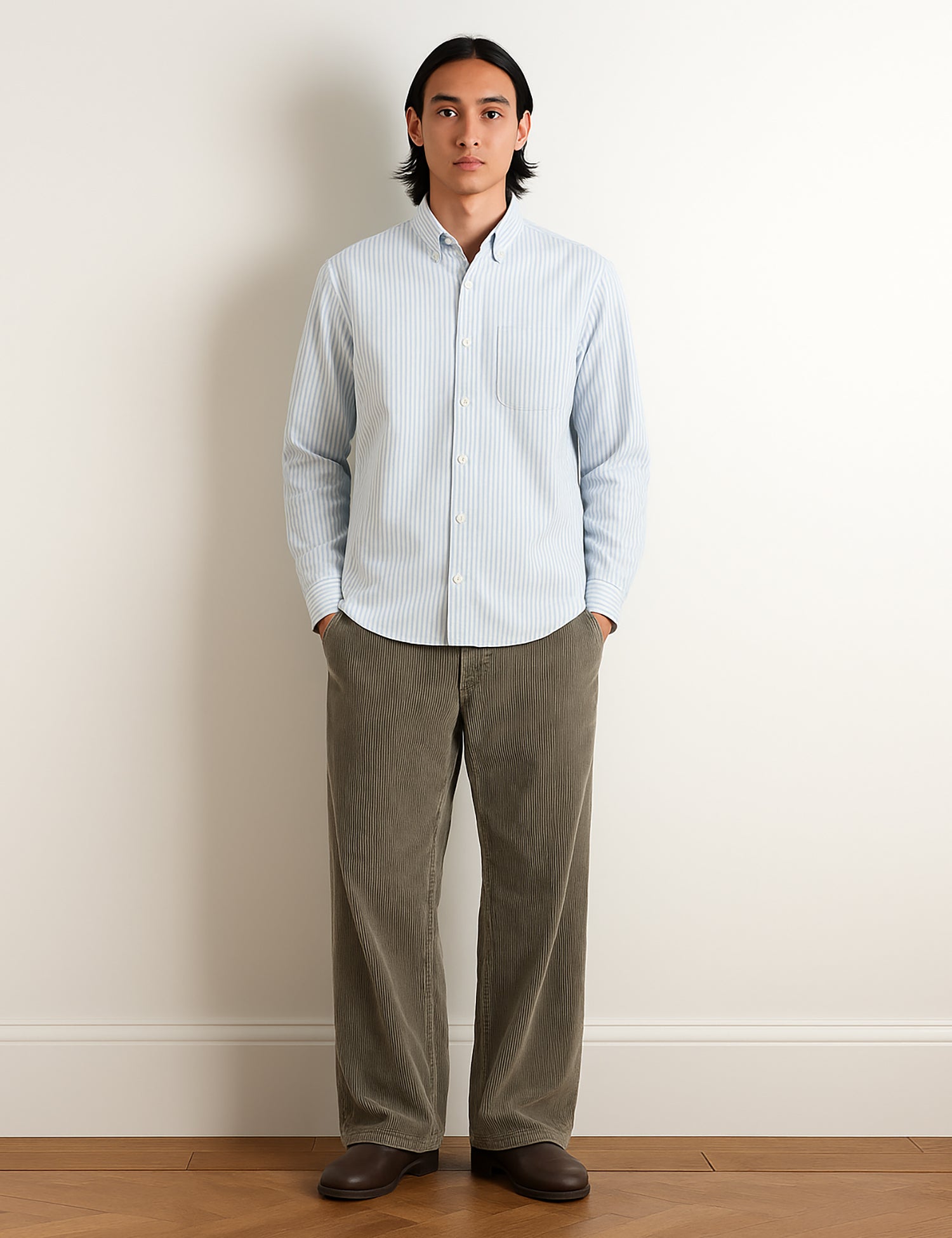 Bhode Oxford Stripe Shirt - White/Olive Green