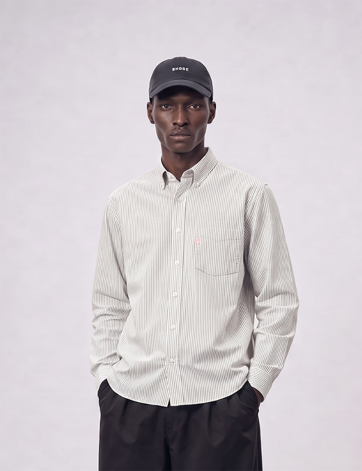Bhode Oxford Stripe Shirt - White/Olive Green