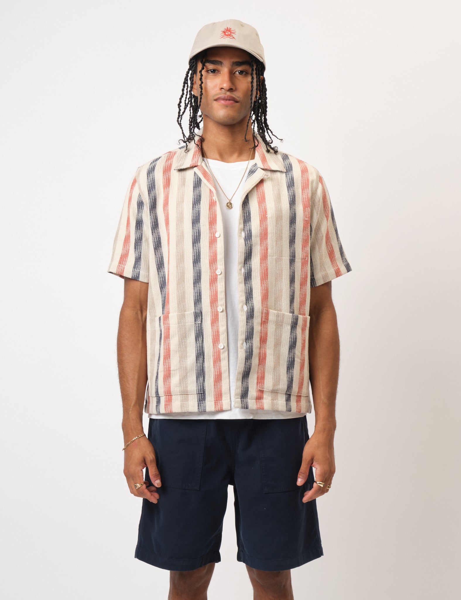 Bhode Cuban Stripe Short Sleeve Shirt - Stone
