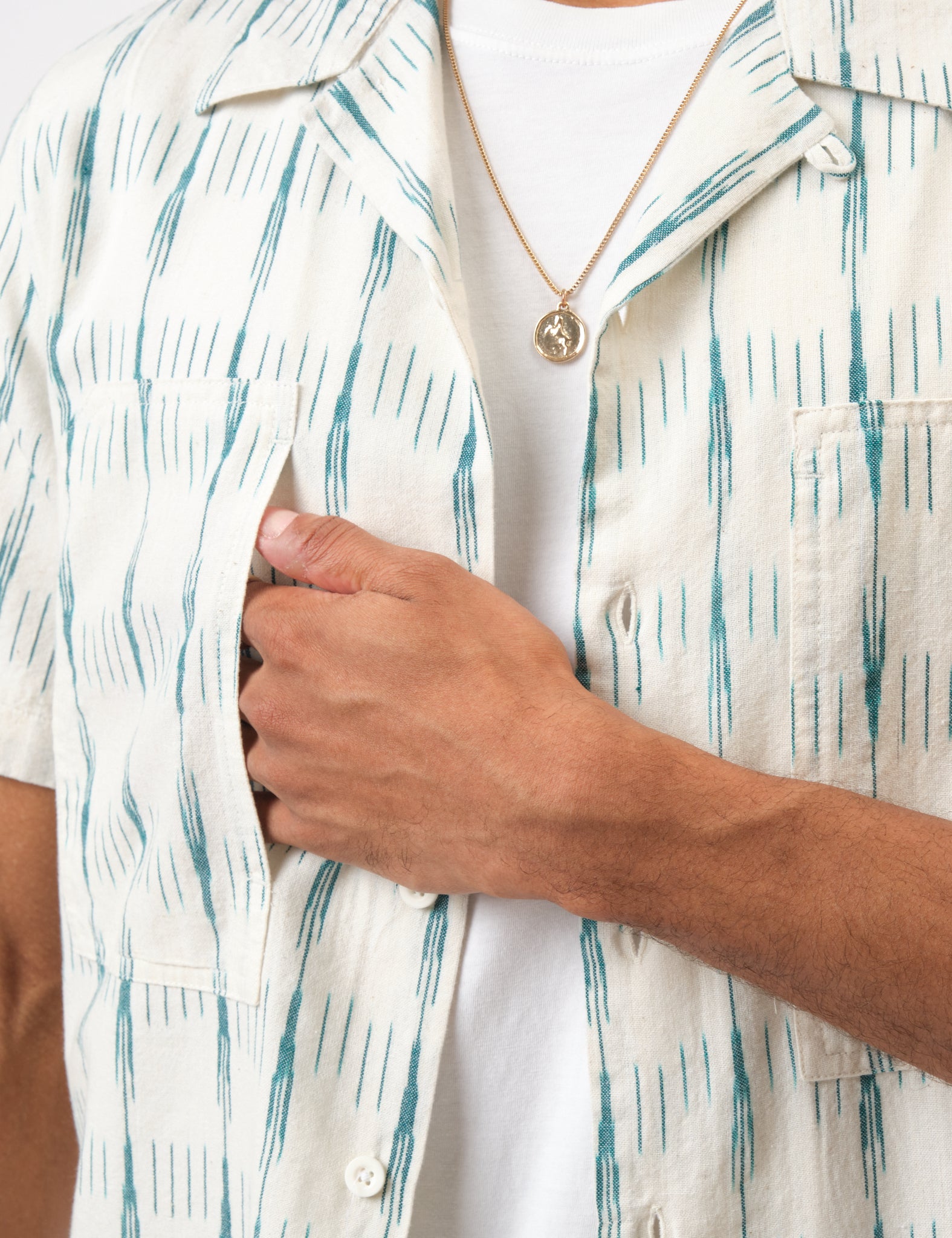 Bhode Ikat Short Sleeve Shirt (Hand Loom) - Ecru/Green