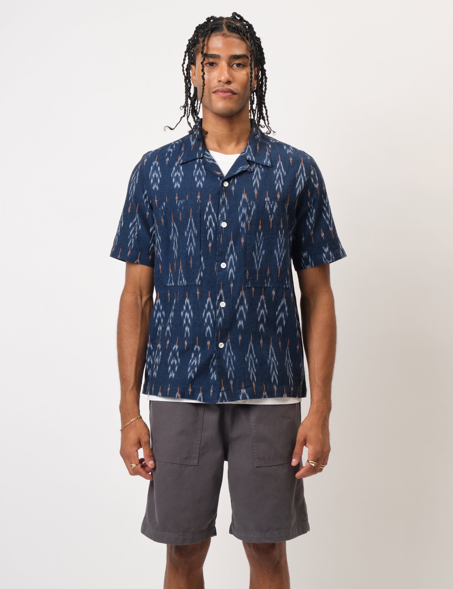 Bhode Ikat Short Sleeve Shirt (Hand Loom) - Navy Blue