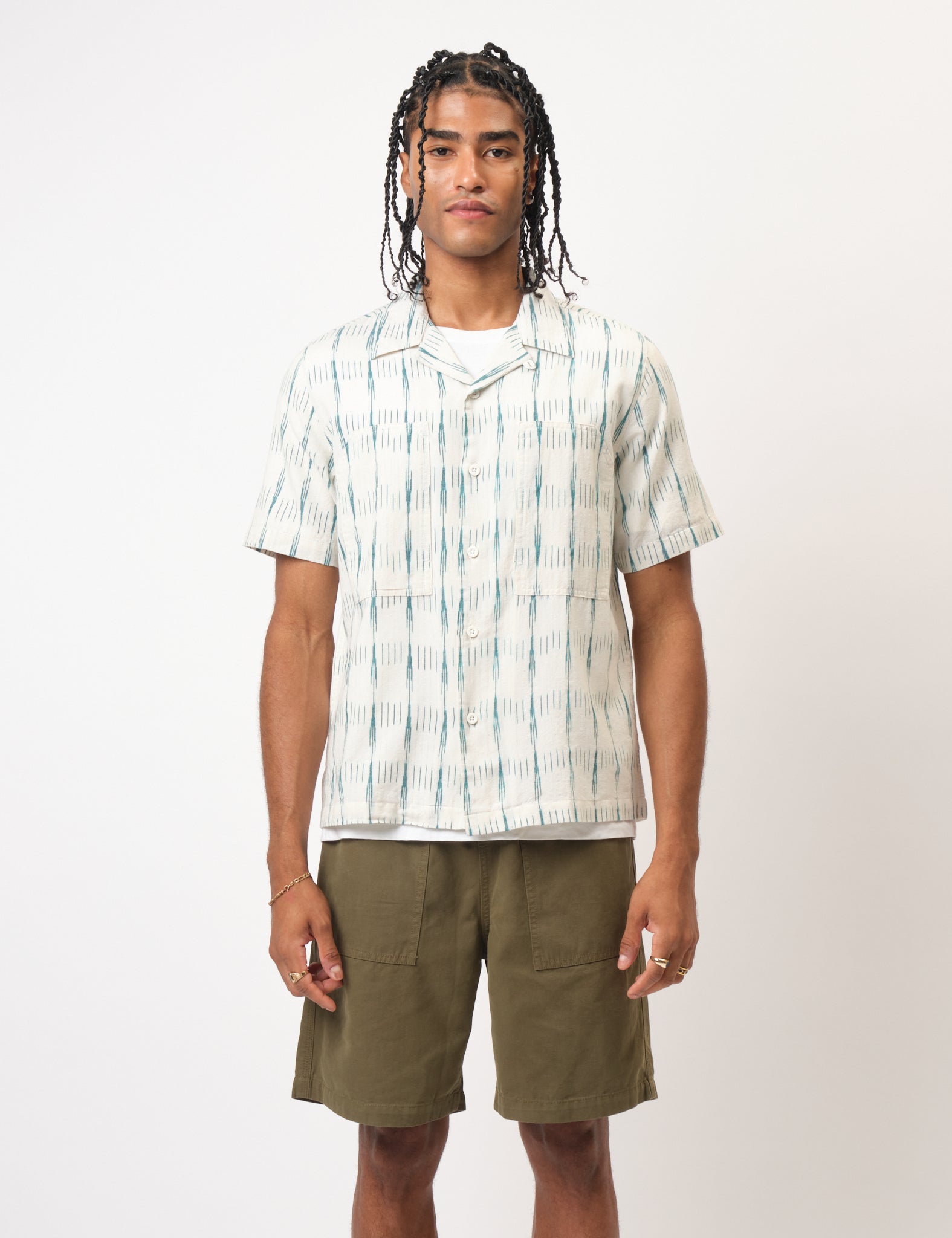 Bhode Ikat Short Sleeve Shirt (Hand Loom) - Ecru/Green