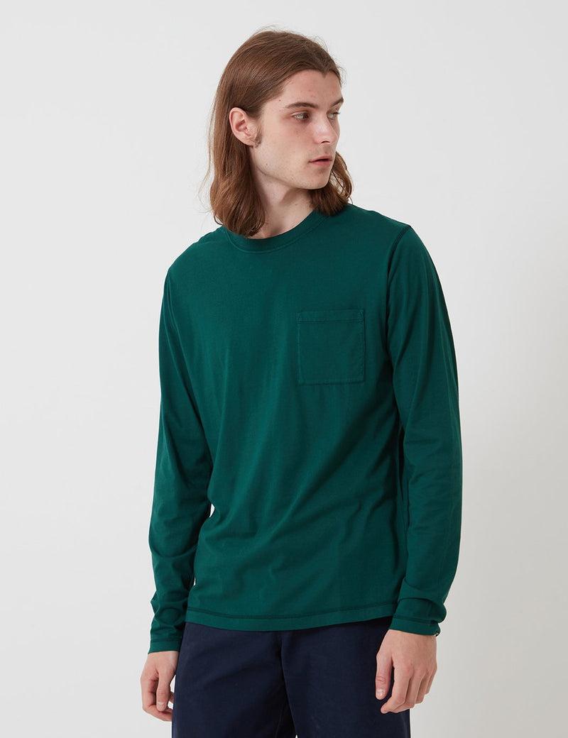 Bhode Besuto Pocket Long Sleeve T-Shirt - Forest Green (Organic Cotton, 165gsm)
