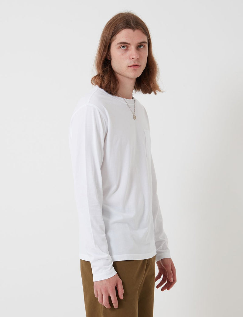 Bhode Besuto Pocket Long Sleeve T-Shirt - White (Organic Cotton, 165gsm)