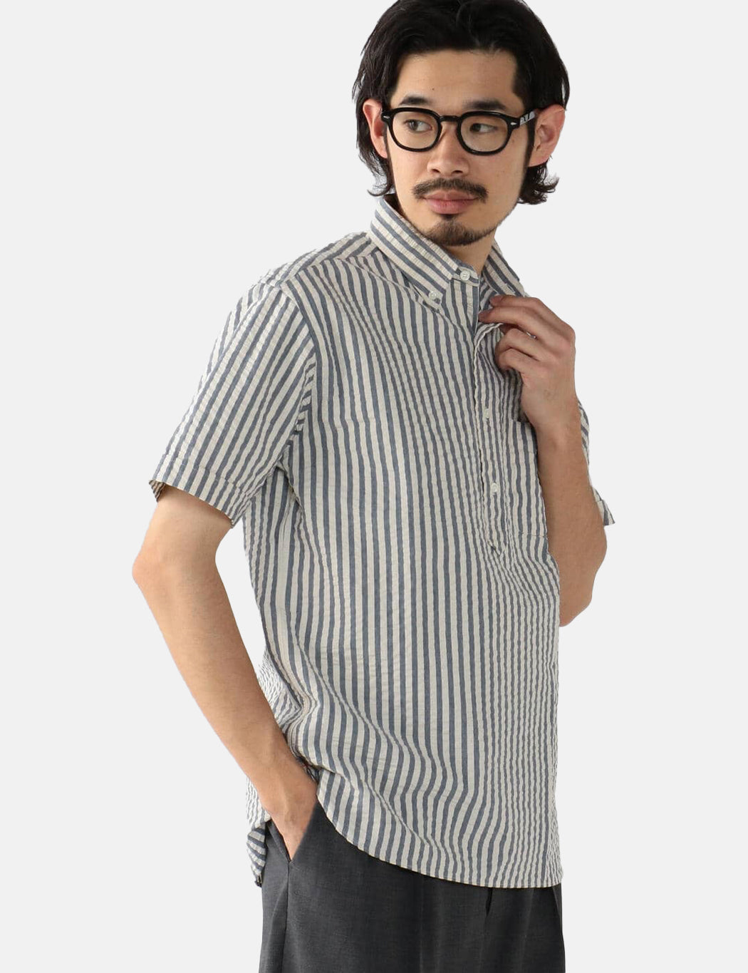 Beams Plus B.D Short Sleeve Pullover Shirt (Seersucker) - Indigo Blue — BHODE