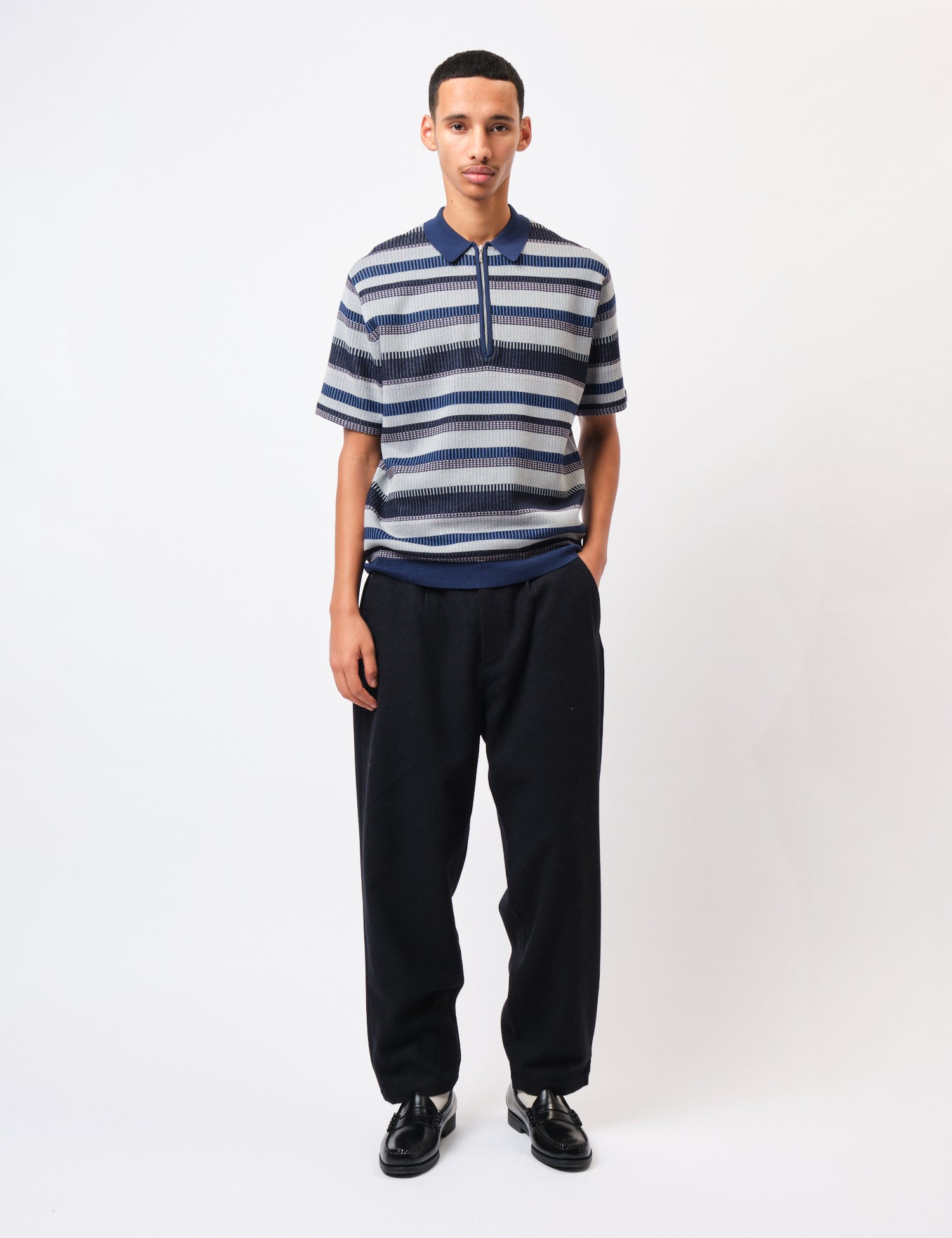 Beams Plus Half Zip Knit Polo Shirt - Navy Blue — BHODE