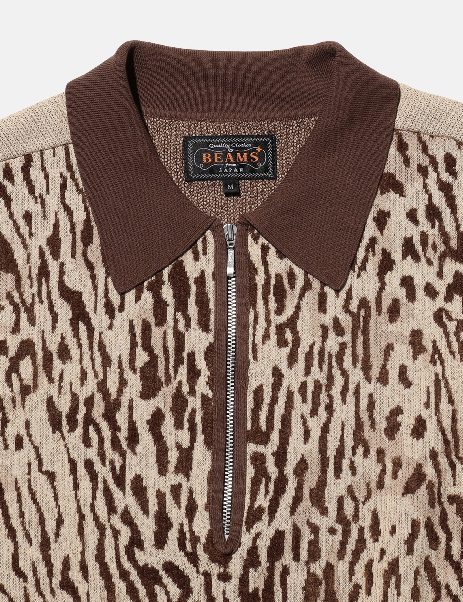 Beams Plus Half Zip Knit Polo (Giraffe Jacquard) - Beige — BHODE