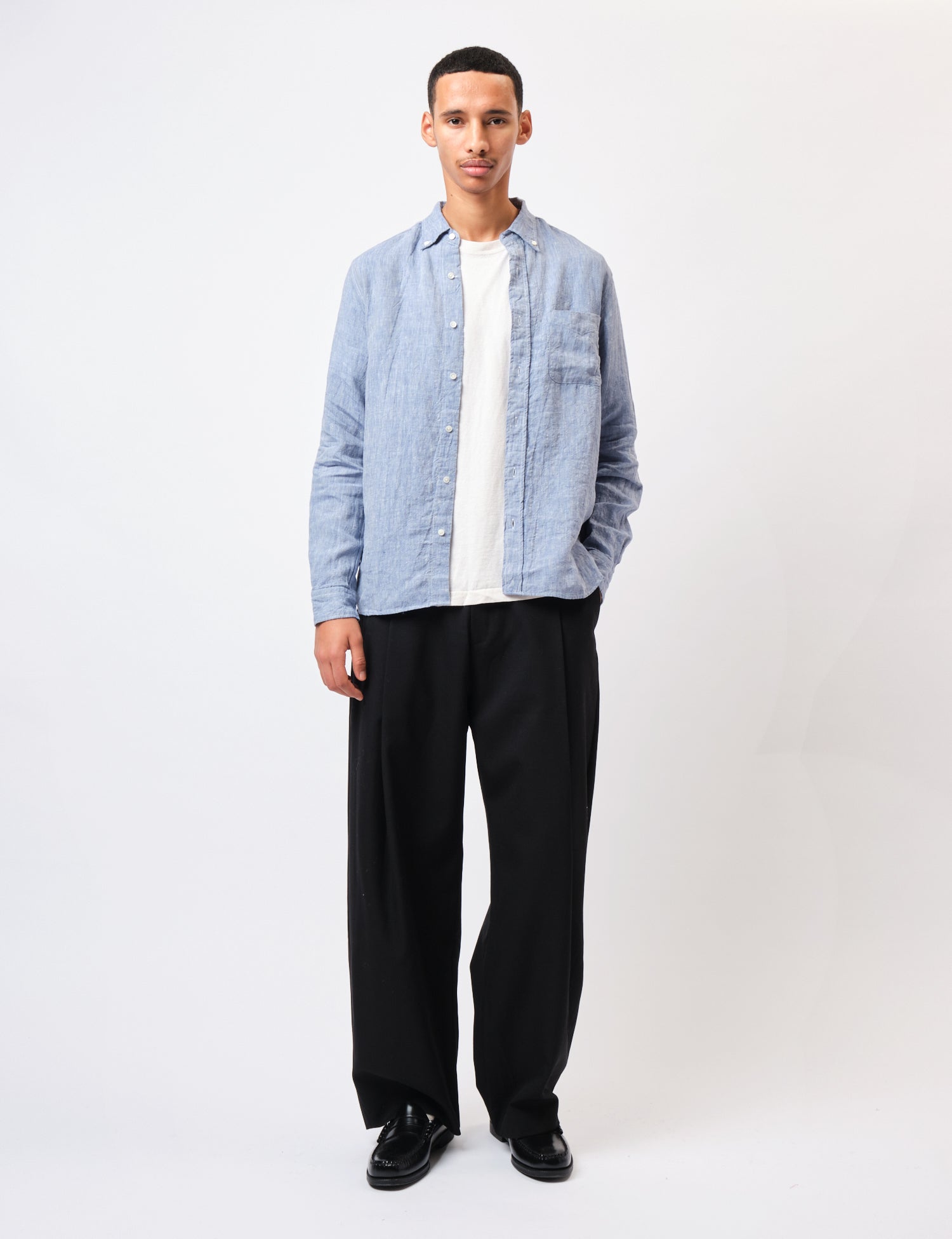 Beams Plus Button Down 1/40 Linen Chambray Shirt - Blue — BHODE