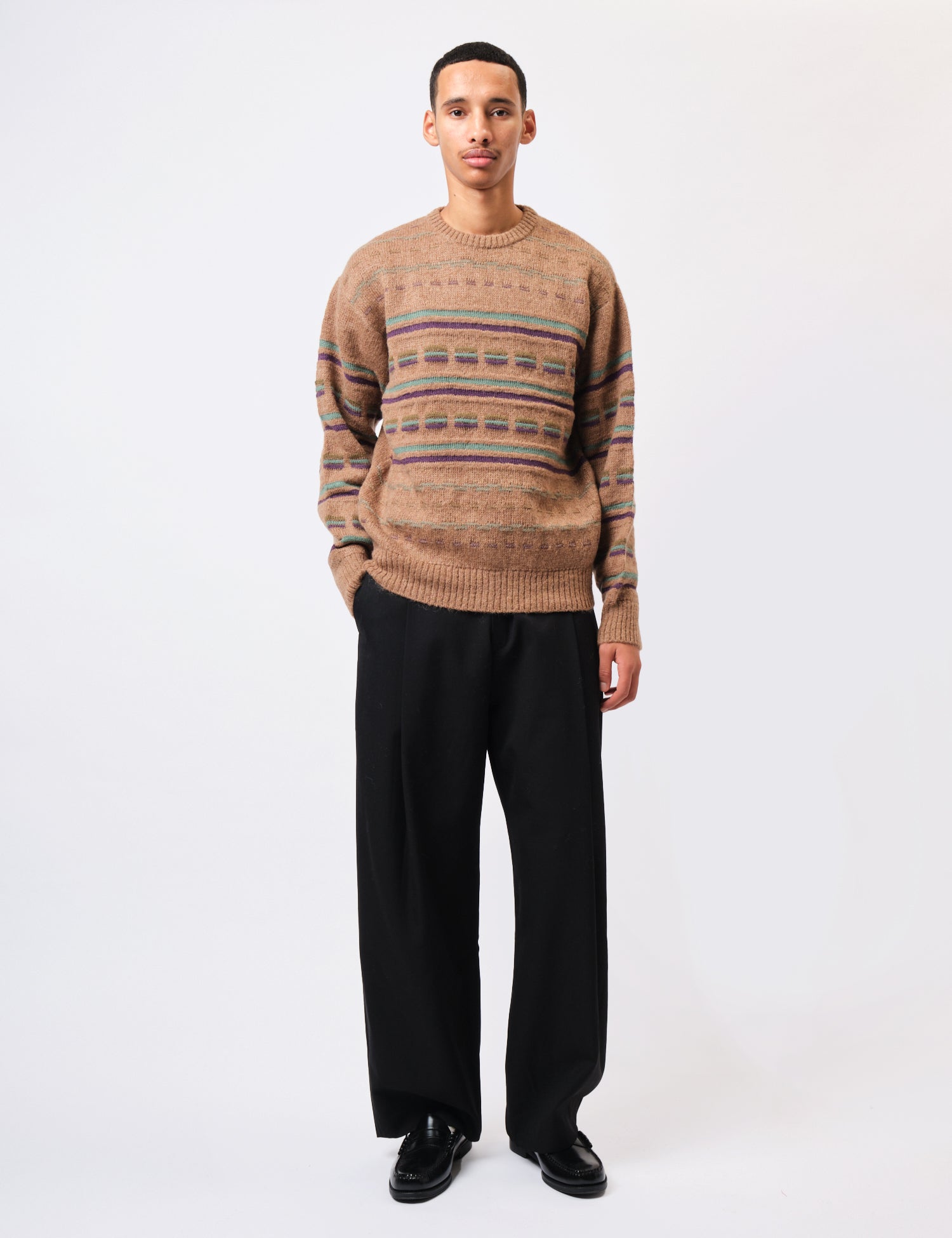 Beams Plus Jacquard Stripe Knitted Crew - Brown