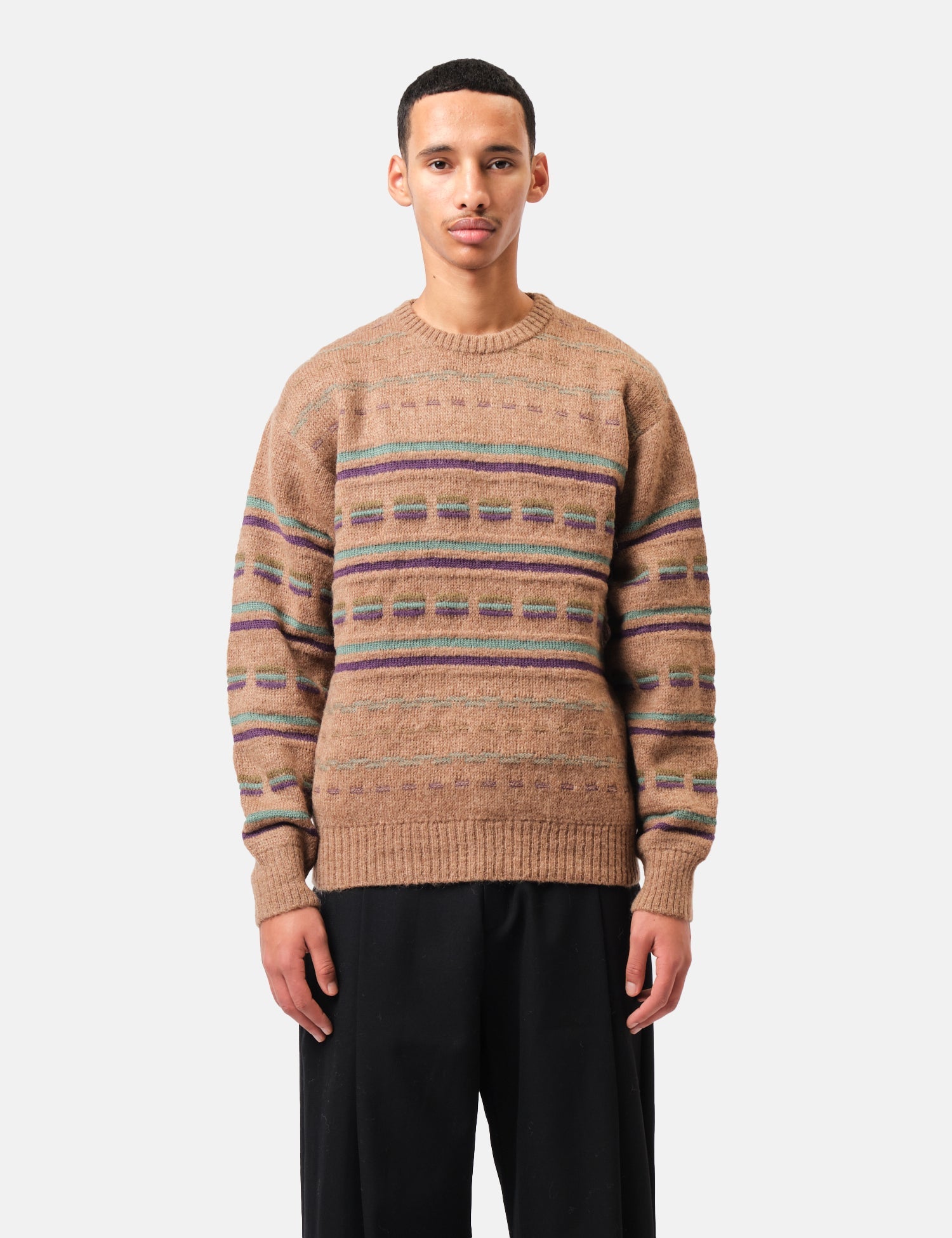 Beams Plus Jacquard Stripe Knitted Crew - Brown