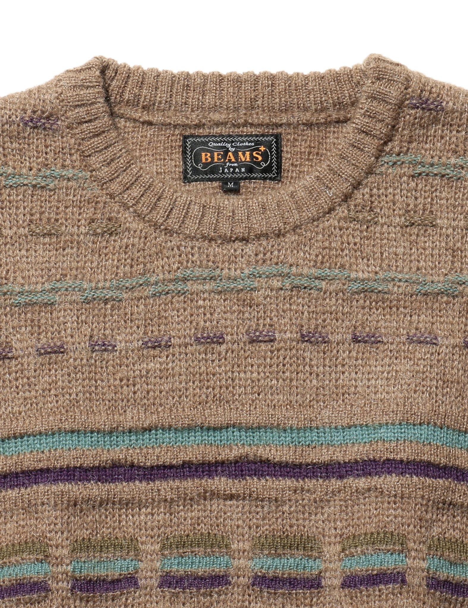 Beams Plus Jacquard Stripe Knitted Crew - Brown