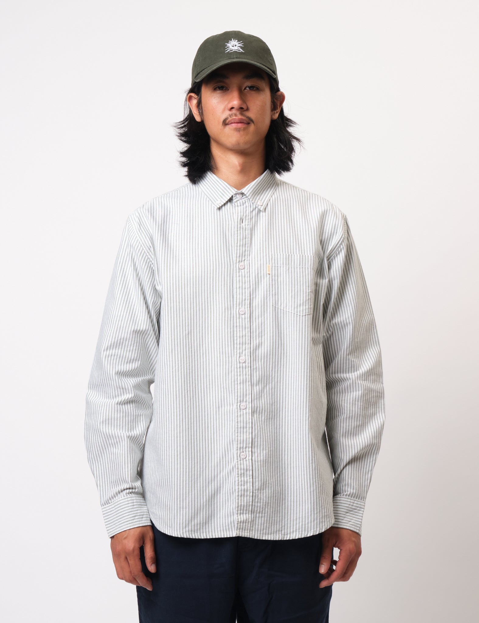Bhode Oxford Stripe Shirt - White/Olive Green