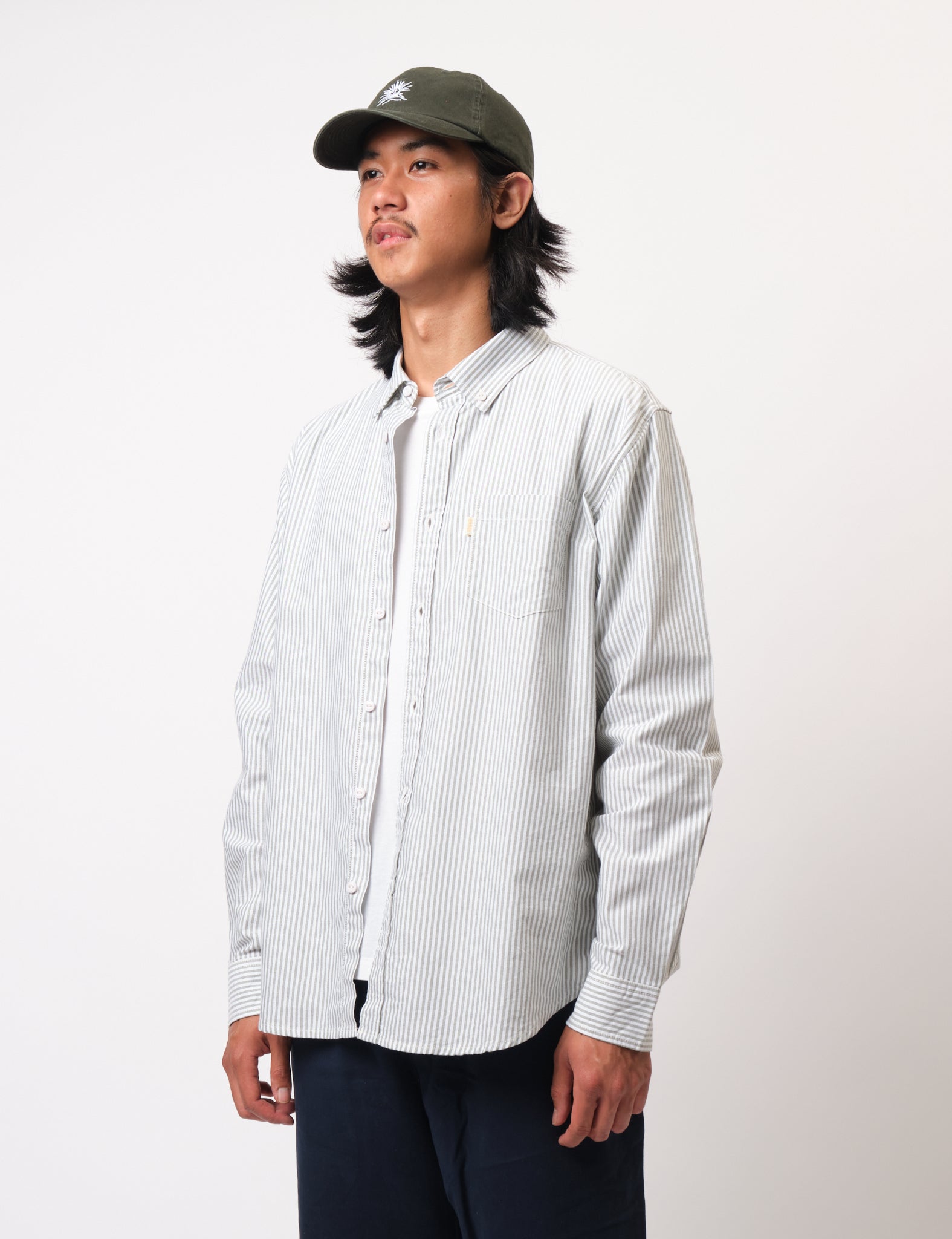 Bhode Oxford Stripe Shirt - White/Olive Green