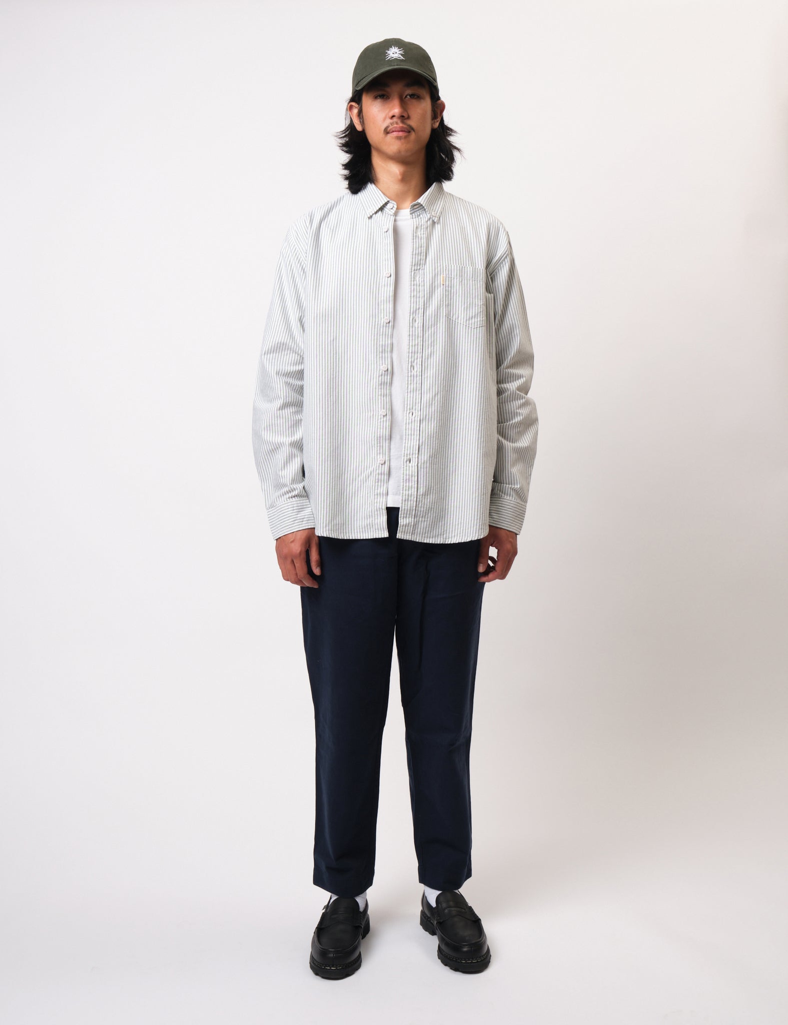 Bhode Oxford Stripe Shirt - White/Olive Green