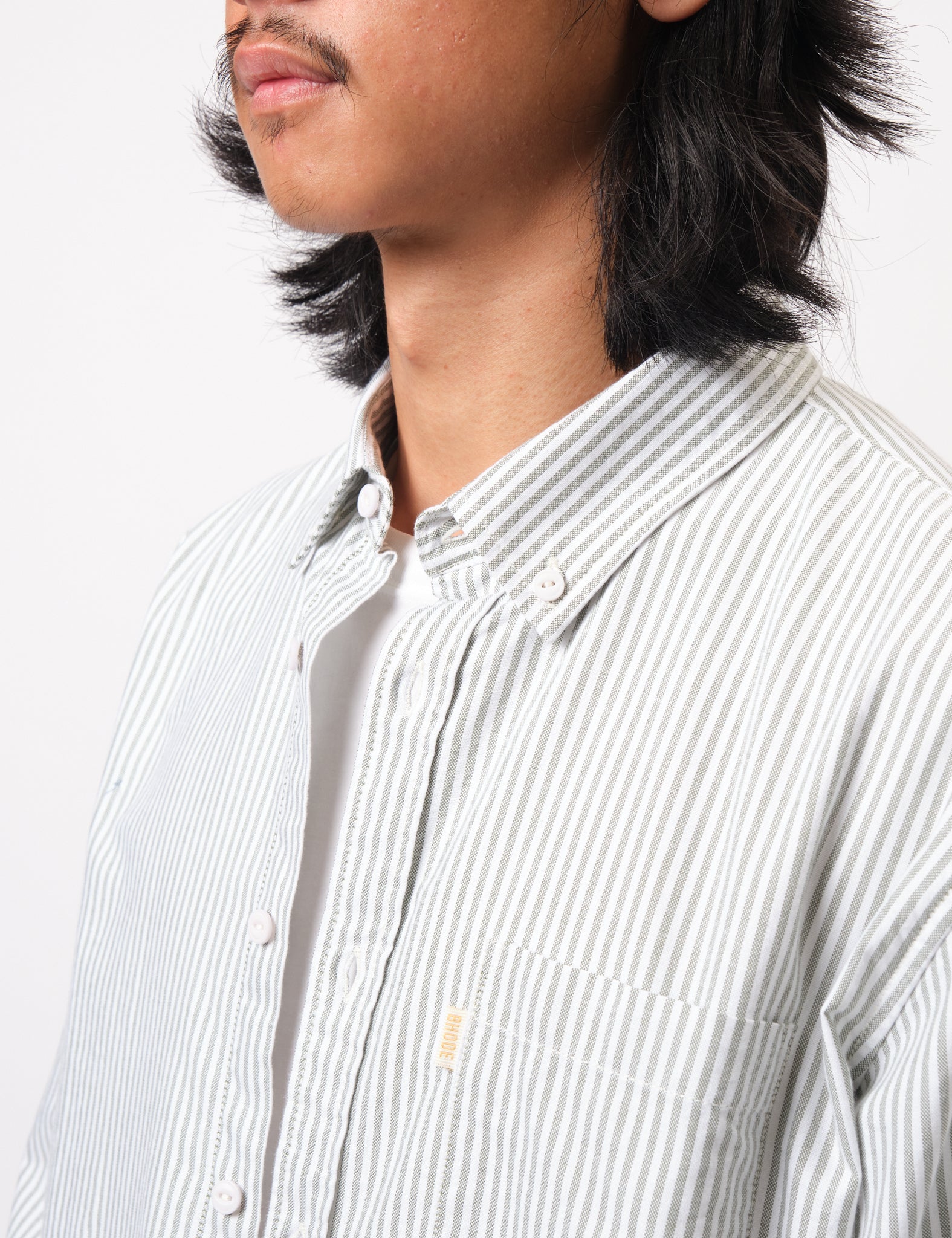 Bhode Oxford Stripe Shirt - White/Olive Green