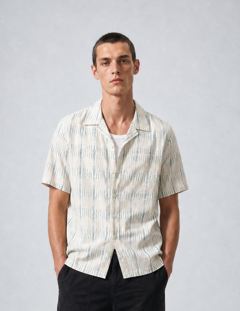 Bhode Ikat Short Sleeve Shirt (Hand Loom) - Ecru/Green