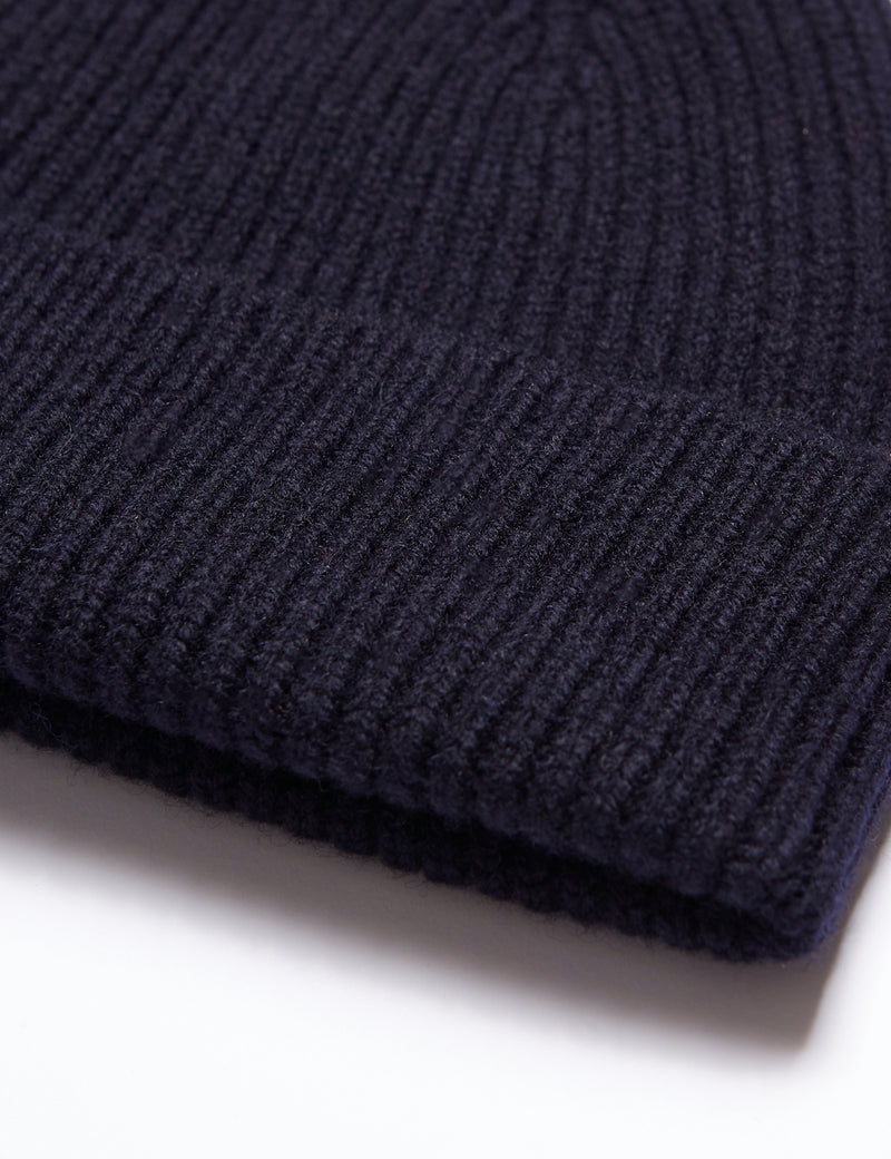Bhode Aran Short Beanie Hat (Merino Wool) - Navy Blue