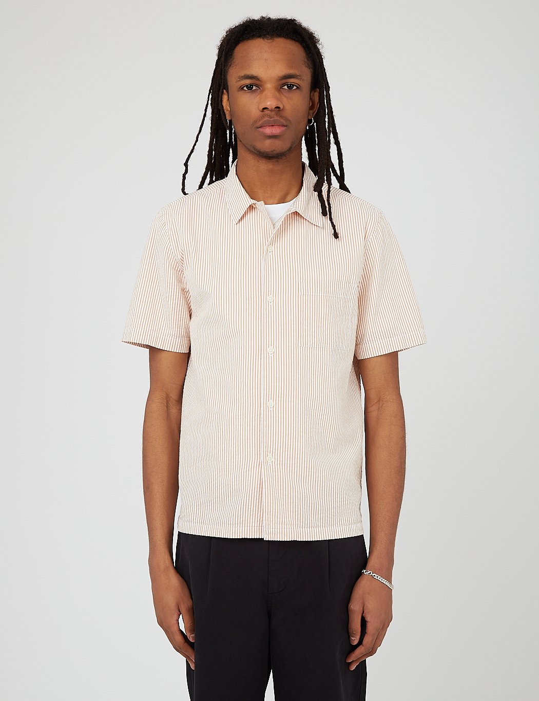 Bhode Cuca Stripe Cuban Collar Short Sleeve Shirt (Seersucker) - White/Cinnamon