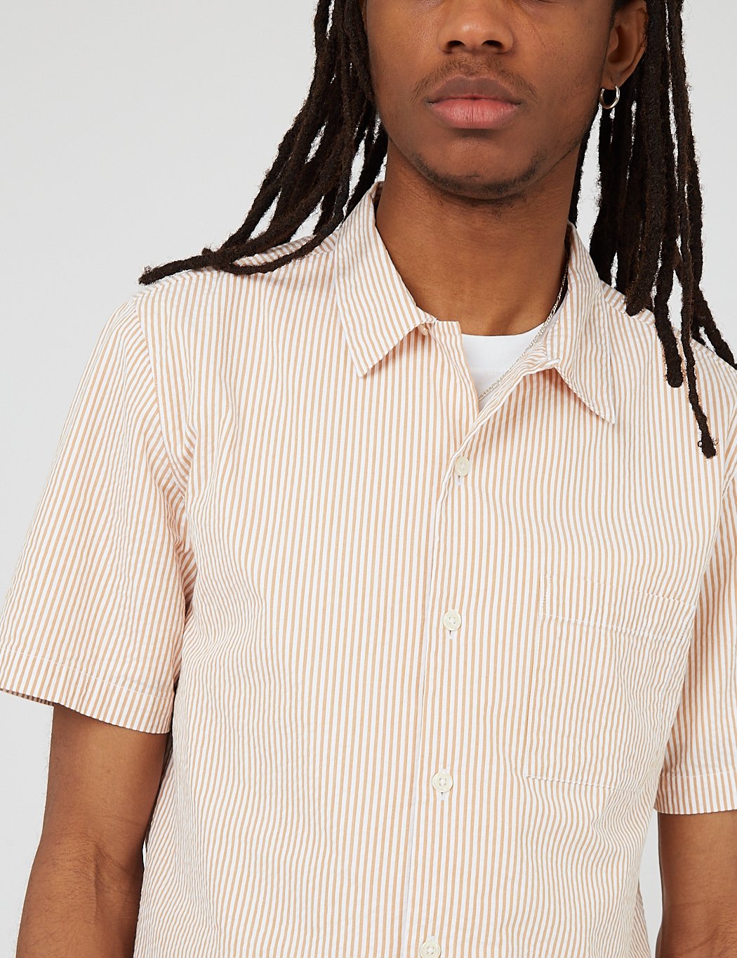 Bhode Cuca Stripe Cuban Collar Short Sleeve Shirt (Seersucker) - White/Cinnamon