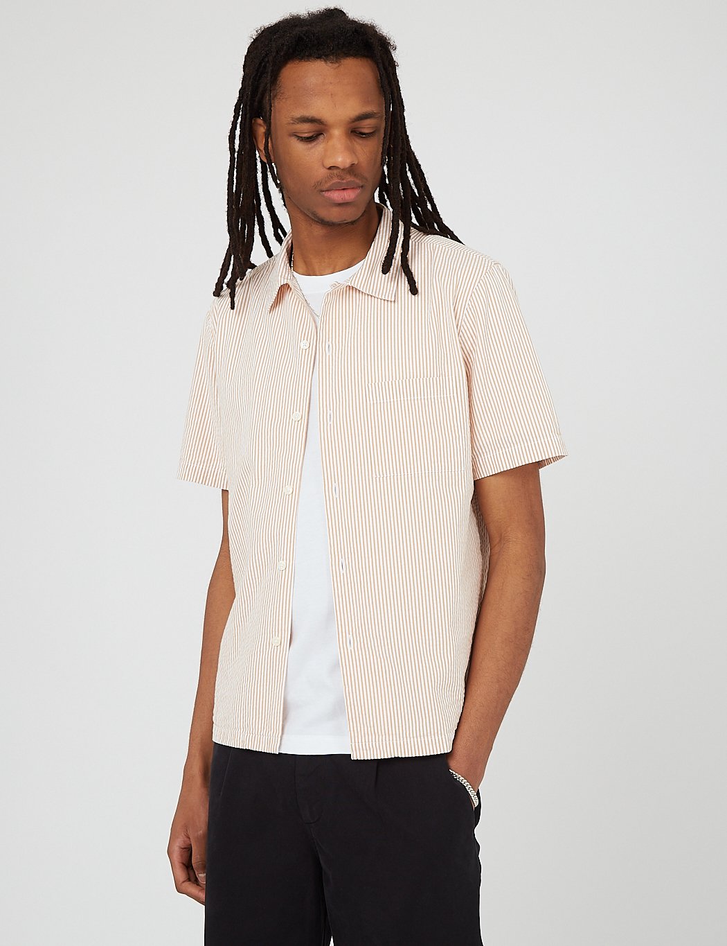 Bhode Cuca Stripe Cuban Collar Short Sleeve Shirt (Seersucker) - White/Cinnamon