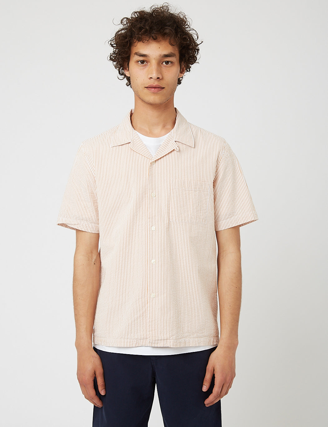 Bhode Cuca Stripe Cuban Collar Short Sleeve Shirt (Seersucker) - White/Cinnamon