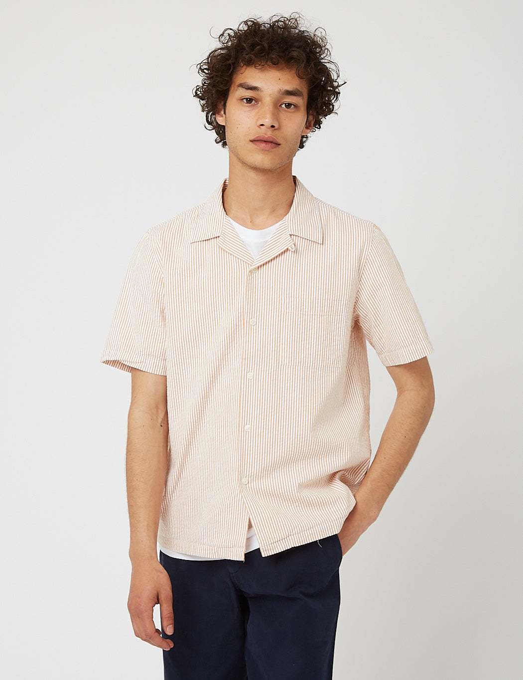 Bhode Cuca Stripe Cuban Collar Short Sleeve Shirt (Seersucker) - White/Cinnamon