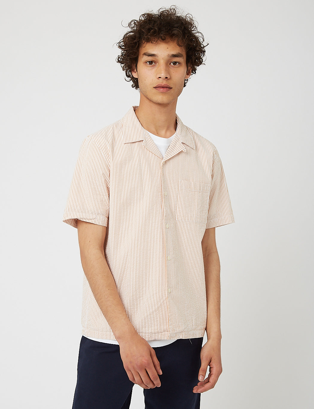 Bhode Cuca Stripe Cuban Collar Short Sleeve Shirt (Seersucker) - White/Cinnamon