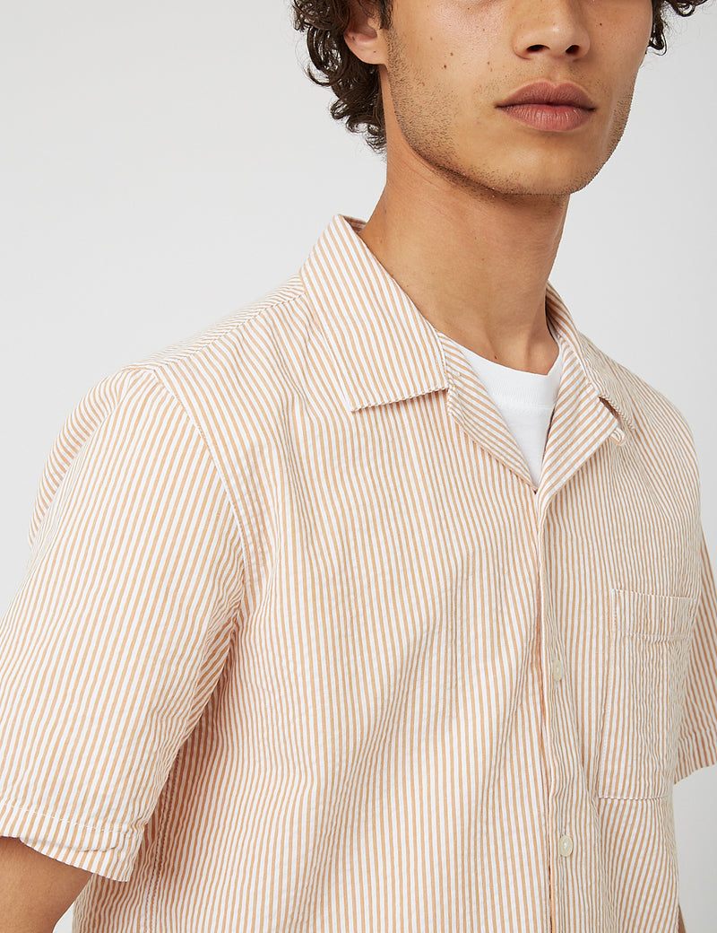 Bhode Cuca Stripe Cuban Collar Short Sleeve Shirt (Seersucker) - White/Cinnamon